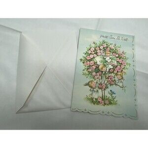 Vintage 60's Little angel in tree bluebird embossed Get Well greeting card *J11